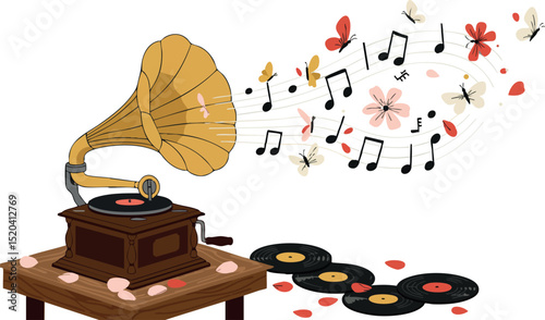 Vintage gramophone playing music notes with vinyl records and scattered flower petals vector illustration 
