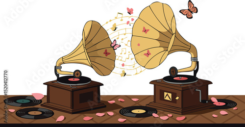 Vintage gramophones playing records with musical notes and butterflies vector illustration 
