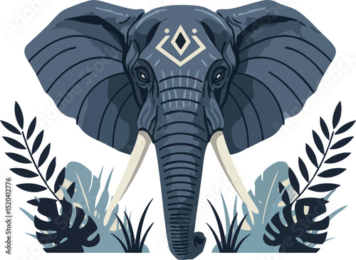 Elephant head with decorative tribal design and tropical leaves vector illustration 