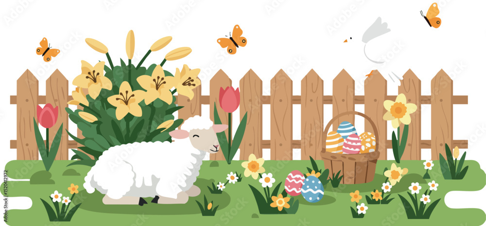 Fototapeta premium Easter lamb with spring flowers and wooden fence garden scene vector illustration