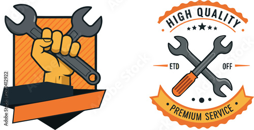 Hand holding wrench and crossed tools vintage style premium service badge vector illustration 