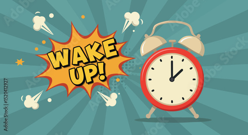 Retro Alarm Clock with Wake Up Text in Comic Style Vector Illustration 