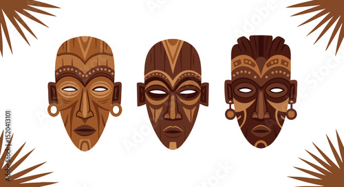 African tribal masks illustration with traditional patterns and cultural design elements vector 