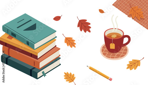 Stack of books with autumn leaves and steaming cup of tea cozy reading scene 