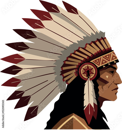 Native American Chief Wearing Traditional Feather Headdress Vector Illustration in Profile View 