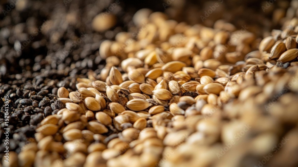Obraz premium Close Up Of Grain Seeds And Black Seeds, Healthy Food And Natural Ingredients