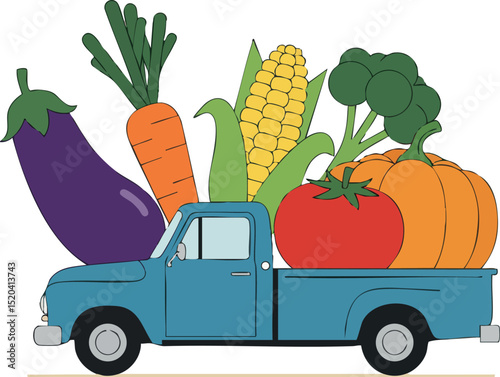 Blue pickup truck carrying fresh vegetables including eggplant carrot corn tomato and pumpkin vector illustration 