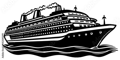 An iconic black and white illustration of a large cruise ship sailing on the waves, reminiscent of vintage travel posters.