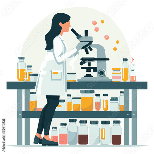 Creation of new medicines. woman working pharmaceutical laboratory illustrations
