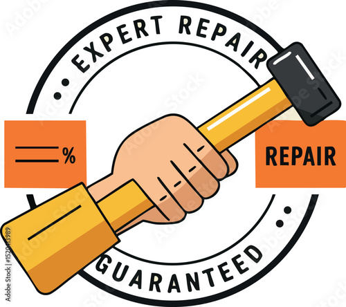 Hand Holding Hammer Expert Repair Guaranteed Badge Icon Vector Illustration 