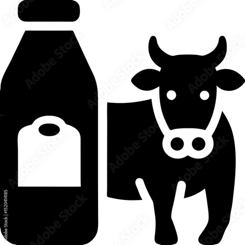Black and White Icon of a Milk Bottle and Cow