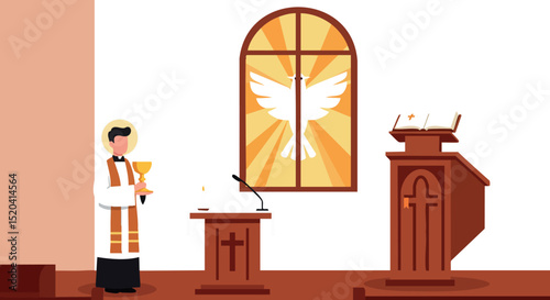 Priest holding chalice in church with stained glass window vector illustration 