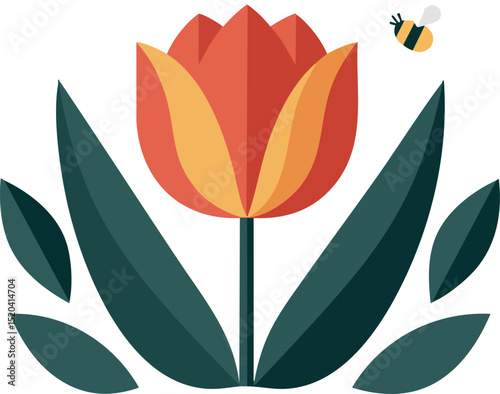 Red and yellow tulip flower with green leaves and flying bee vector illustration 