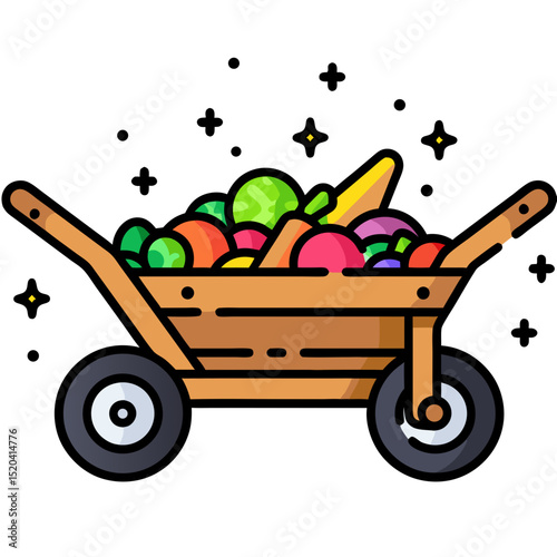 Cartoon Wheelbarrow Filled with Colorful Fruits and Vegetables