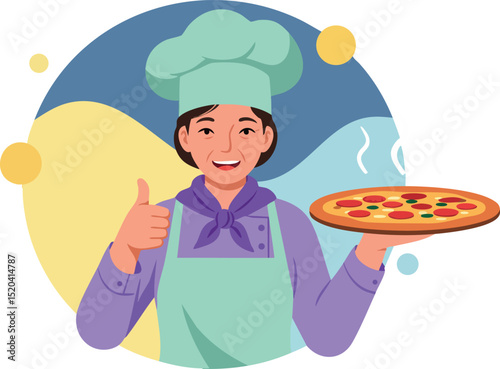 Chef holding pizza and giving thumbs up vector illustration with colorful background 