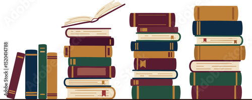 Stacks of various colored books with one open book flying pages vector illustration 