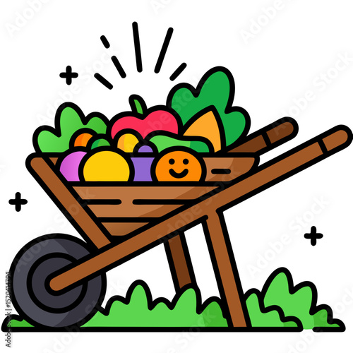 Cartoon Wheelbarrow Filled with Fresh Produce and Garden Plants