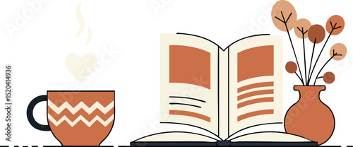 Hot coffee cup open book and vase with dry flowers vector illustration brown tones 