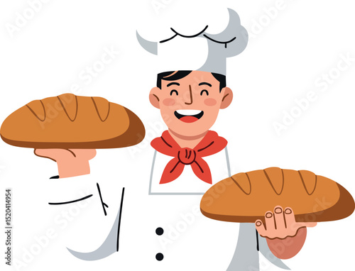 Chef holding two fresh loaves of bread happy bakery worker vector illustration 