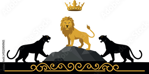 Lion standing on rock with golden crown and two black panthers illustration vector 