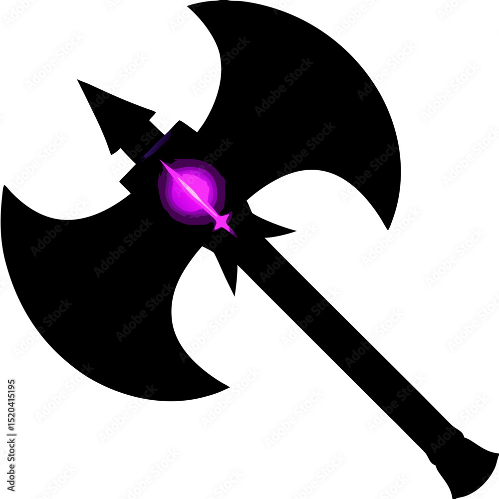 Naklejka premium Stylized Black Axe with Glowing Purple Orb and Star Detail