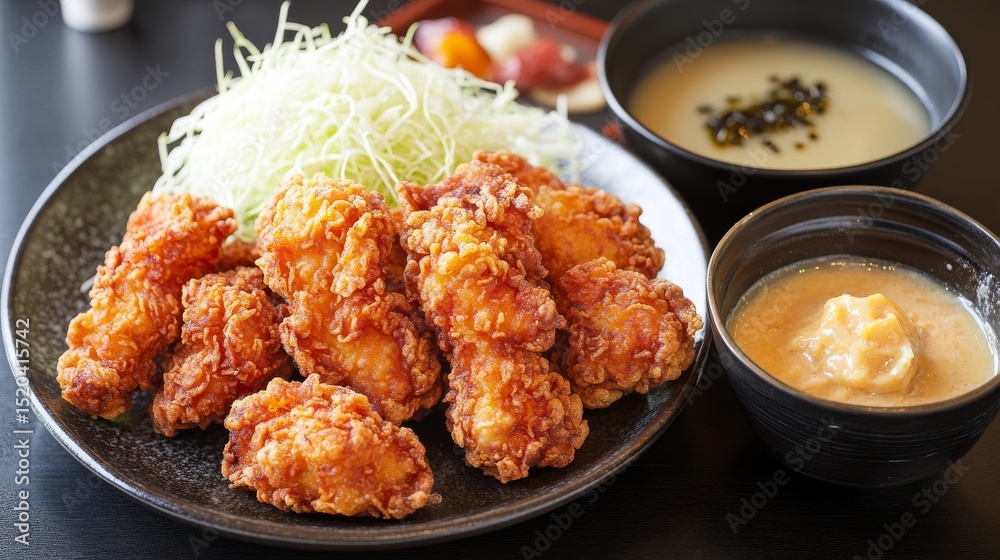 Fototapeta premium A sleek, contemporary restaurant scene with a plate of Japanese karaage (crispy fried chicken) served with a side of spicy yuzu mayo, finely shredded cabbage
