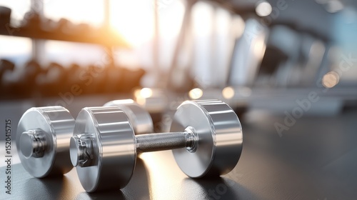 Two Silver Dumbbells in a Gym