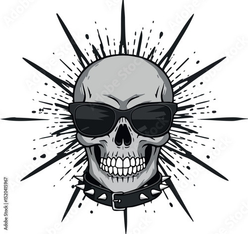 Skull with Sunglasses and Spiked Collar Vector Illustration in Black and Grey Style 