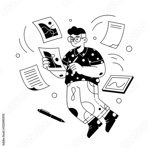 A Man Working on a Digital Tablet, Surrounded by Documents and Drawings in a Black and White Illustration