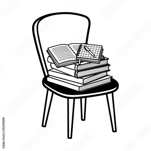 Black and White Illustration of a Stack of Books on a Wooden Chair