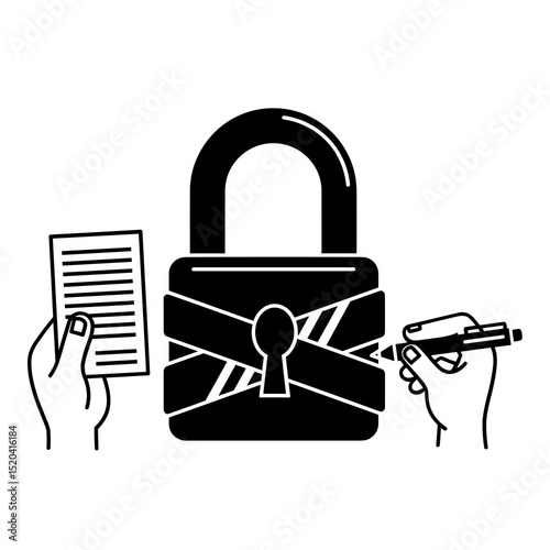 Black and White Illustration of Secured Document Hands Signing Contract Near Padlock