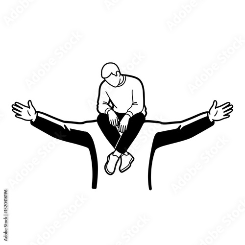 Black and White Line Art Illustration of a Person Sitting on Another's Shoulders