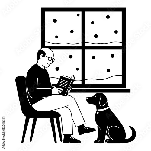 Elderly Man Reading Book with Dog by Snowy Window, Black and White Illustration