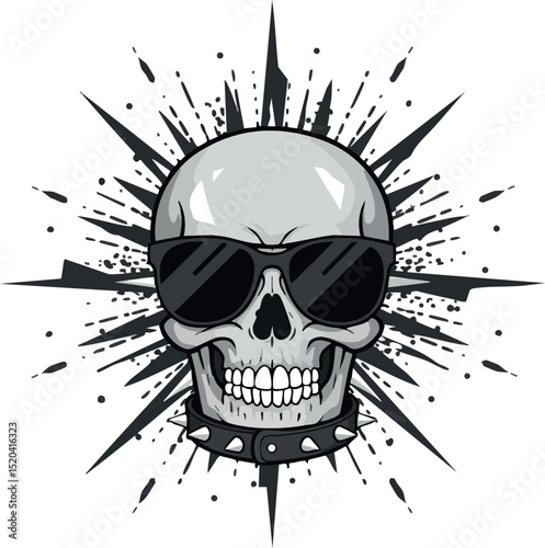 Skull with sunglasses and spiked collar in black and white vector illustration 