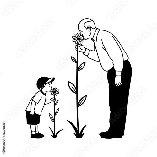 Grandfather and Grandson Smell Flowers Black and White Line Art Illustration