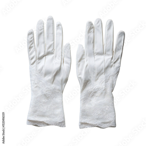 A pair of white formal gloves with lace trim laying flat against a black background showing both gloves fully