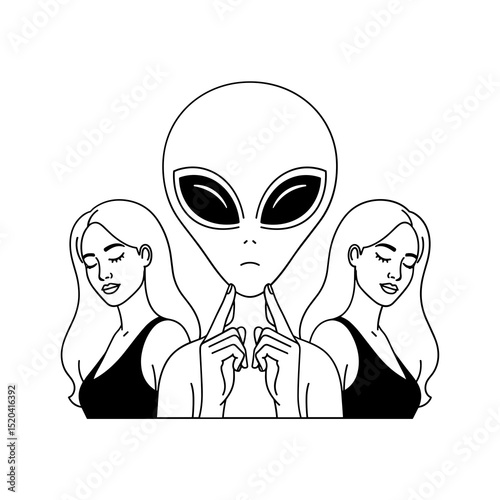 Line Art Grey Alien with Two Women Black and White Minimalist Illustration