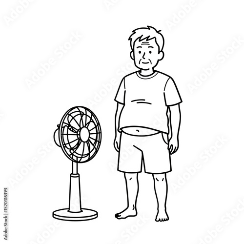 Line Art Illustration of a Sweating Man Standing Near a Fan