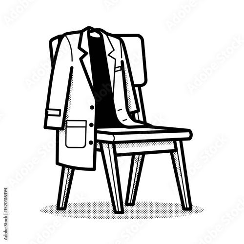 Line Art Illustration of a Long Coat Hanging on a Wooden Chair