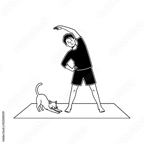 Person and Cat Stretching on Mat Black and White Line Art Illustration