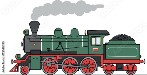 Vintage green steam locomotive with coal tender vector illustration transport design 