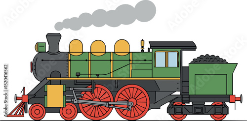 Vintage steam locomotive train with green body and red wheels vector illustration 