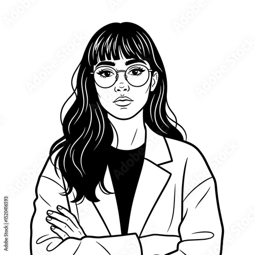 Portrait of a Young Woman with Long Hair and Glasses in Black and White Line Art Style