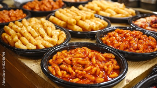 Fototapeta Naklejka Na Ścianę i Meble -  A traditional Korean street food stall setup with multiple small black bowls filled with different varieties of tteokbokki--classic spicy, rose cream, and black bean sauce