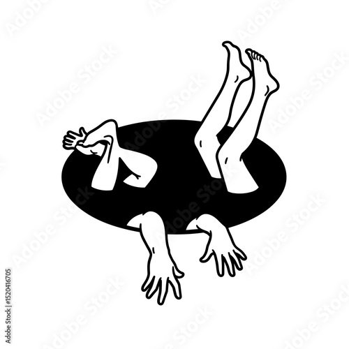 Surreal Black And White Line Art Illustration Of Two Pairs Of Legs And Arms Emerging From A Hole