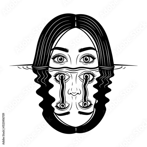 Surreal Black And White Line Drawing Of A Woman's Face Reflected In Water With Tears