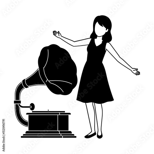 Woman Dancing Beside a Vintage Gramophone Silhouette