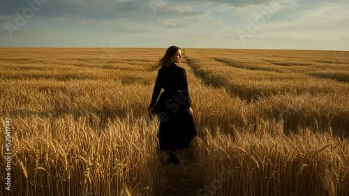 Woman Walking Through Golden Wheat Field During Sunset in Calm Rural Setting