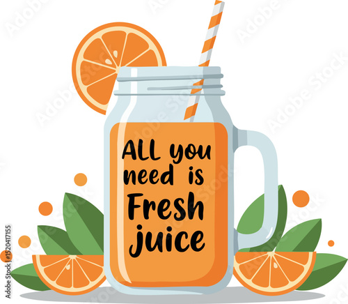Fresh orange juice in glass jar with straw and citrus slices vector illustration 
