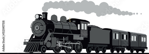 Vintage black steam locomotive train with passenger cars vector illustration 